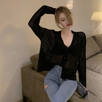 Black Hollow Sunscreen Clothes Women Summer Thin 2021 New Long Sleeve T-shirt Loose Micro Shirt Short Top ins ins