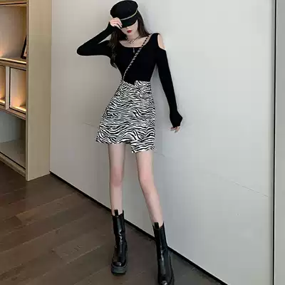 High waist irregular A- line dress zebra pattern skirt women spring and autumn 2021 New thin bag hip skirt tide