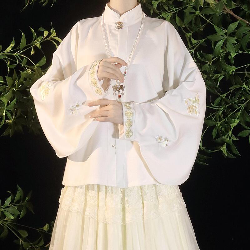 Pipa Sleeve Top, Women's Blouse, Ming-Style Stand-Up Collar, Front-Buttoned, Embroidered, Chinese Style, Inner Wear, Suitable for Commuting, Everyday Wear, Versatile, Spring, Autumn, Winter