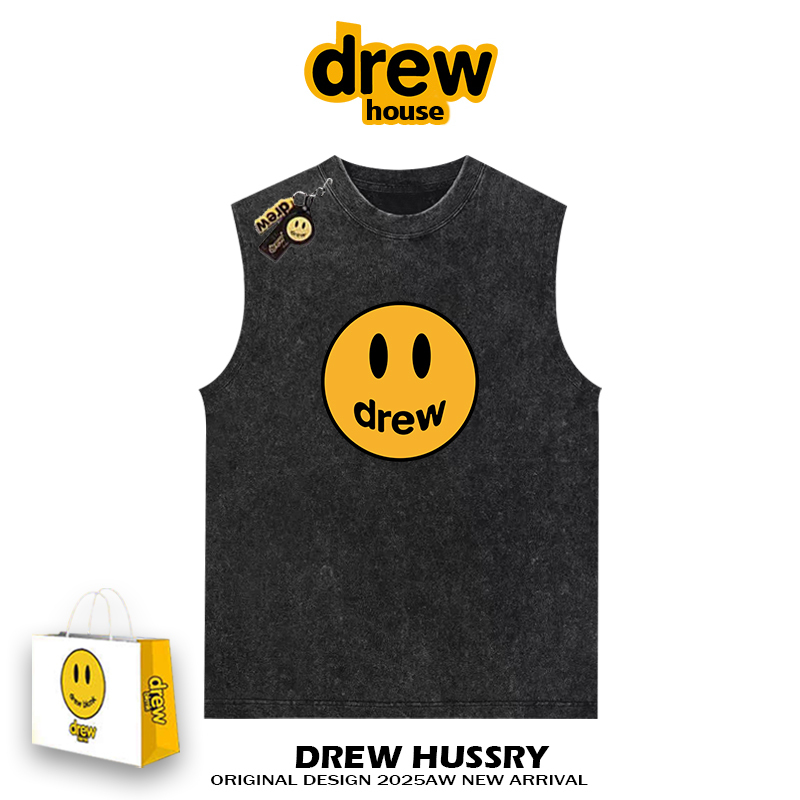 Drew American Classic Washed Smiley Face Print Sleeveless T-Shirt for Men and Women ins Loose Summer Half-Sleeve Pure Cotton Couple Vest