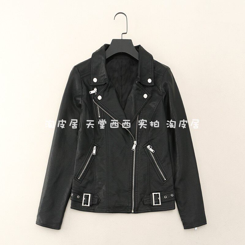 Кожаная куртка 22320韩国单~超软仿绵羊皮黑色修身帅气机车翻领皮衣外套女0.67