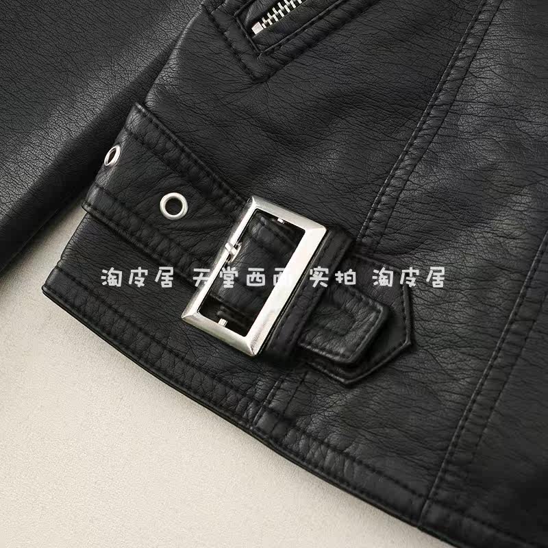 Кожаная куртка 22320韩国单~超软仿绵羊皮黑色修身帅气机车翻领皮衣外套女0.67