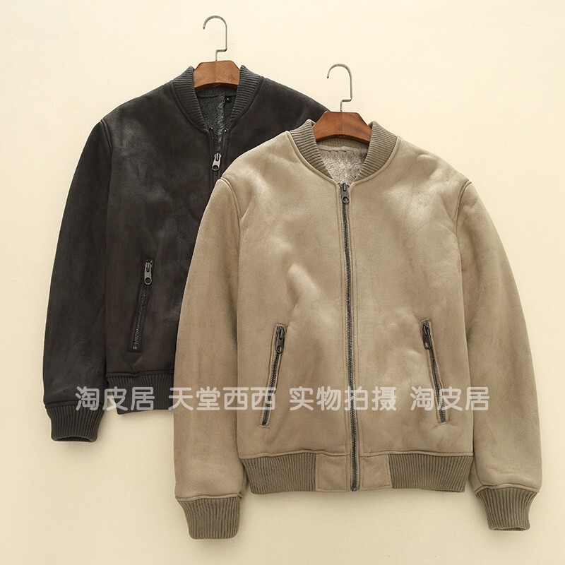 43944 Spanish Single~ Thickened Suede and Lamb Wool Integrated Leather Jacket Baseball Collar Coat for Men 1.31