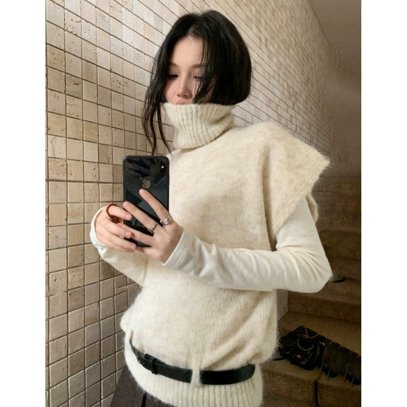 Casual White Apricot-Colored Turtleneck Sweater Vest for Women, Autumn and Winter Layered Sleeveless Knit Vest Top