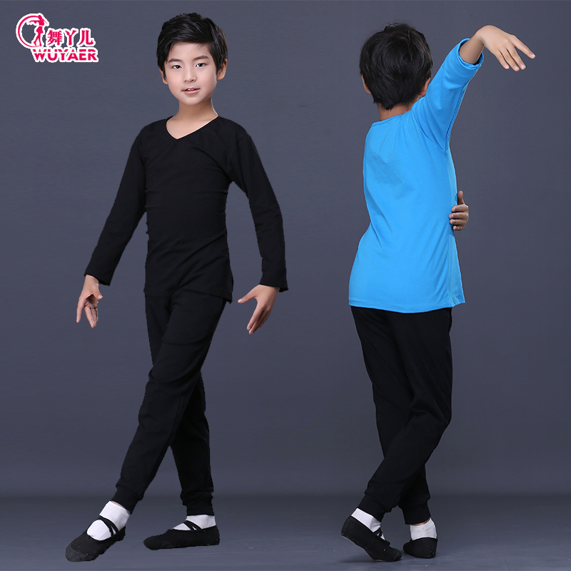 Boys Dance Clothes Spring and Autumn Cotton Long Sleeve V-collar Set Boys Kids Costumes in Black Chinese Dance Clothes