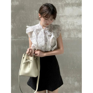 Small Puff Sleeves Japanese Style Spring and Summer New Women's Fashion Sweet Printed Flutter Sleeve Bow Tie Shirt Top for Women