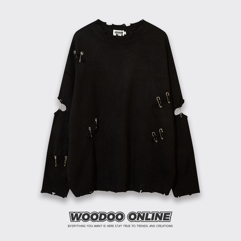 Wound Stitching Woodoo Designer Brand High Street Hip-Hop Ripped Pin Lazy Design Unisex Sweater Wound Stitching Woodoo Designer Brand High Street Hip-Hop Ripped Pin Lazy Design Unisex Sweater