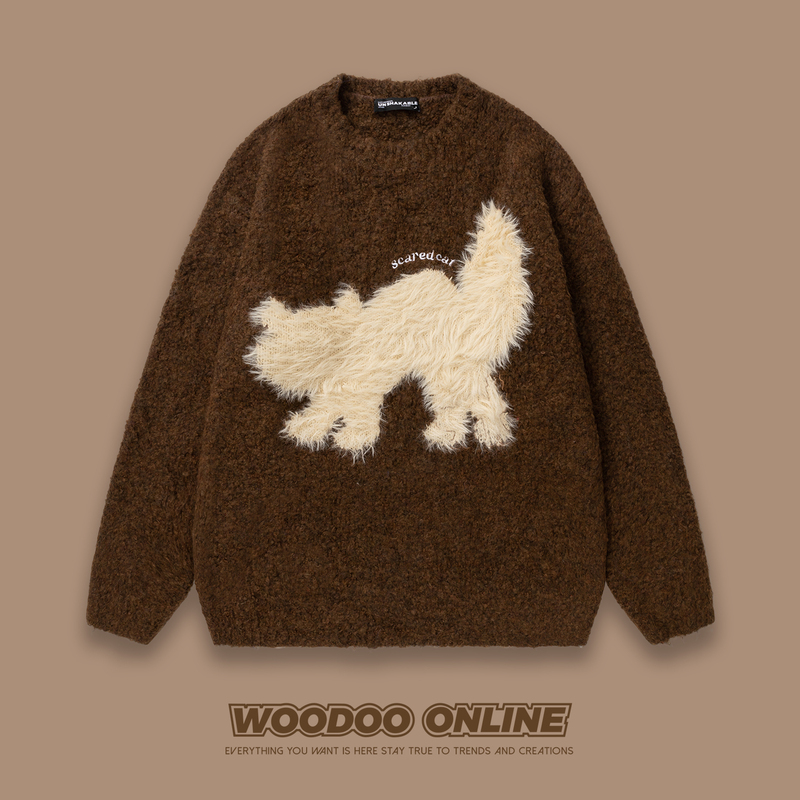 Woodoo Niche Design American Retro Creative Cat Pattern Casual Unisex Knit Sweater Woodoo Niche Design American Retro Creative Cat Pattern Casual Unisex Knit Sweater
