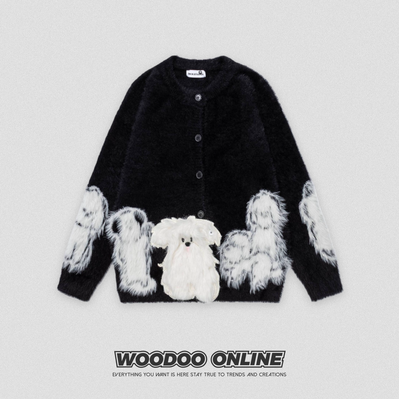 Woodoo Trendy Puppy Print Round Neck Knitted Cardigan for Men and Women Loose Long-Sleeved Sweater Winter Warm Jacket Woodoo Trendy Puppy Print Round Neck Knitted Cardigan for Men and Women Loose Long-Sleeved Sweater Winter Warm Jacket