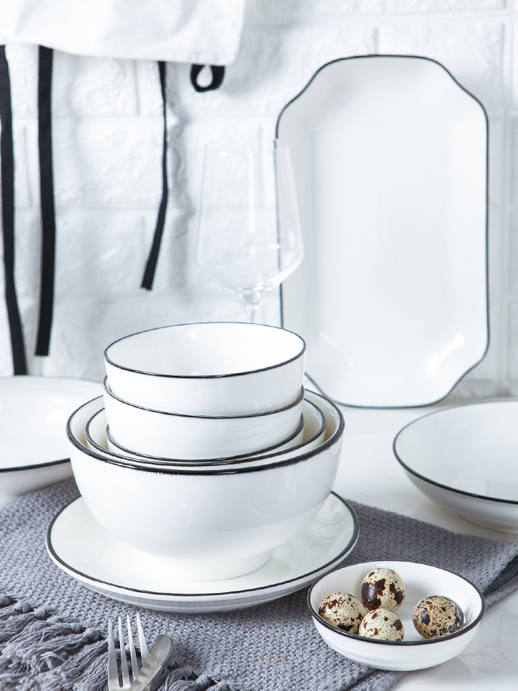 Dishes suit household European contracted jingdezhen Chinese northern tableware ceramic bowl dish combination Japanese black line