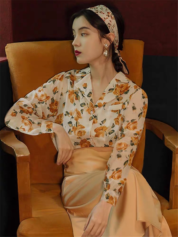 90S Hong Kong Style Retro Women's Clothing 80S Suit Summer Floral Shirt High-Waisted Skirt Elegant Mature Skirt