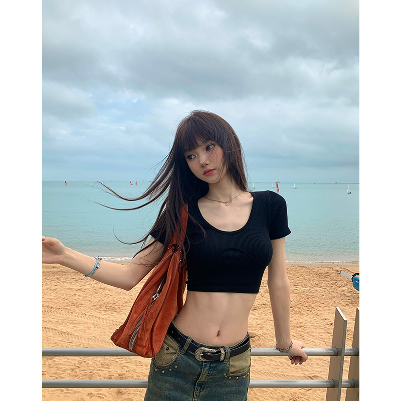 American-Style Spicy Girl Black U-Neck Regular Shoulder Short-Sleeve T-Shirt for Women, Summer Slim Fit, Tight-Fitting, Crop Top, High-Waisted Short Top