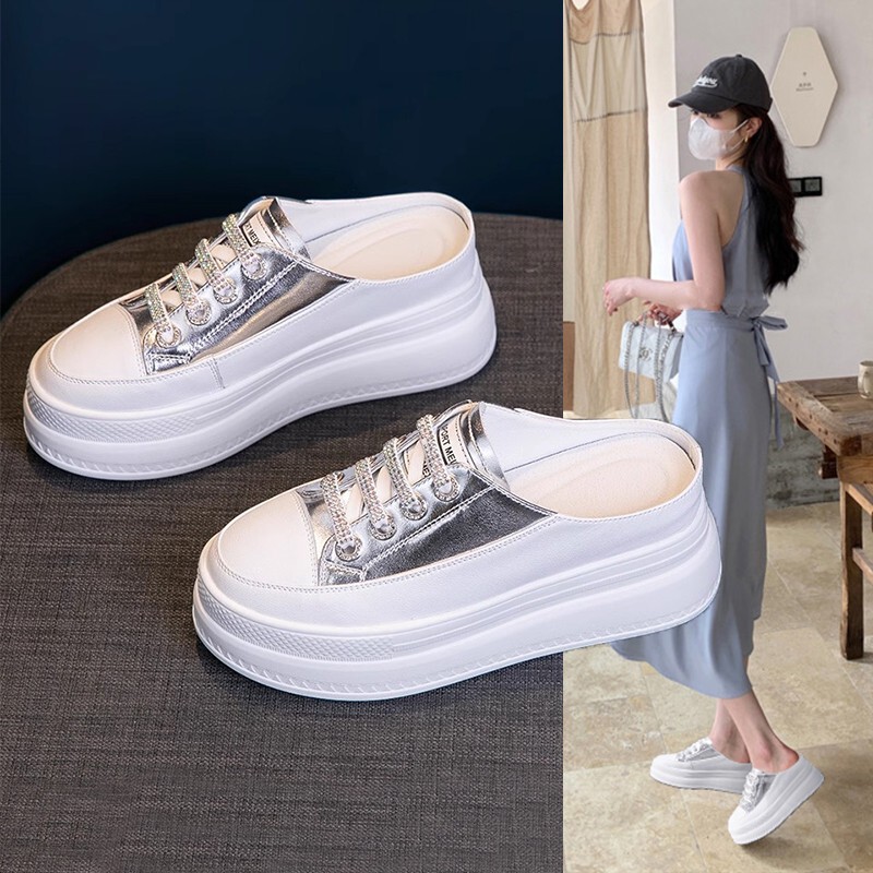 Hong Kong Baotou Half Slippers Women's Spring and Summer Outerwear Genuine Leather Inner Heelless White Shoes Platform Thick Sole Lazy Slippers Hong Kong Baotou Half Slippers Women's Spring and Summer Outerwear Genuine Leather Inner Heelless White Shoes Platform Thick Sole Lazy Slippers