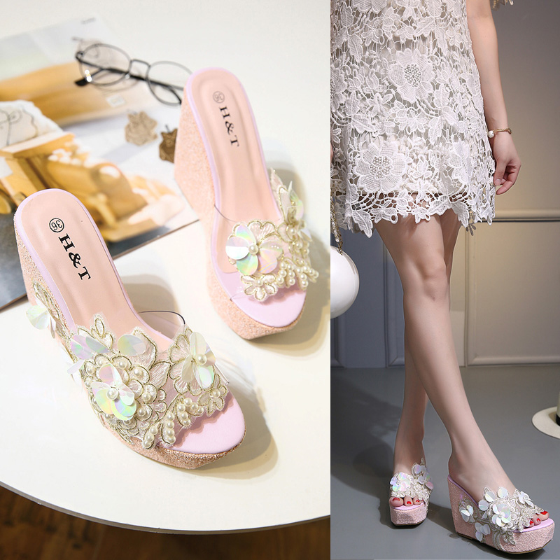 Word drag handmade pearl flowers transparent sequins beach wedge heels high heels thick bottom muffin and cool slippers women