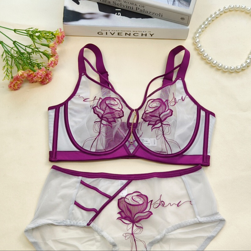 Rose Flower Ultra-Thin Embroidered Sexy Lingerie for Women with Large Busts, Minimizing Effect, Soft Underwire, Side Breast Gathering, Anti-Sagging Bra