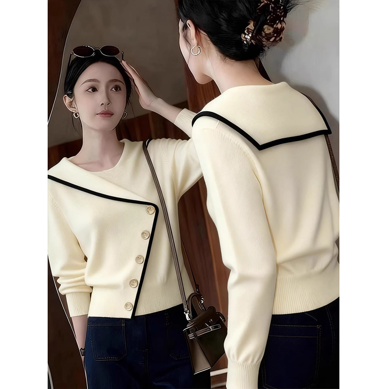 Plus-Size Preppy Style Sailor Collar Asymmetrical Knit Sweater for Women, New Loose and Versatile Top for Autumn and Winter