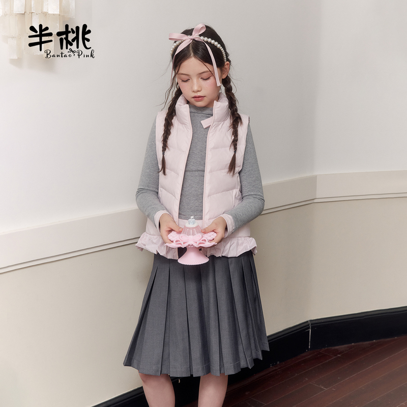 Half-Pink Girls' Lightweight down Vest Autumn New Style Stand-Up Collar Ruffled Edge Spring and Autumn Children's Outerwear Vest Half-Pink Girls' Lightweight down Vest Autumn New Style Stand-Up Collar Ruffled Edge Spring and Autumn Children's Outerwear Vest