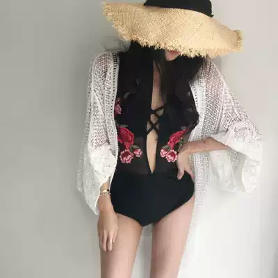 Korean ins style swimsuit small chest gathered sexy black embroidered one-piece conservative belly cover thin hot spring swimsuit female