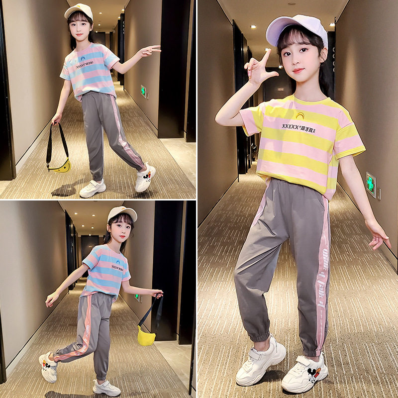 Girl Suit Summer Tennis Red 6 Sports 9 Ocean Pie 12 Year Fashion Summer Clothes Children Pure Cotton Short Sleeve Long Pants Two Sets
