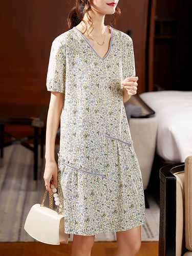 九月陌墨 Летнее платье, цветочный принт, V-образный вырез, большой размер