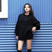 MUCHA Original Design Autumn Winter Black Tandem Hat Stitch Cardiovert Loose Thick Sweater Short long sleeve blouse Womens clothing