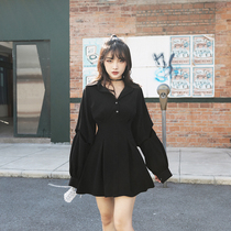 MUCHA Black French style one-piece dress Waist Temperament Herben Wind Small Black Dress Skirt Woman High Waist Display Slim Shirt Dress