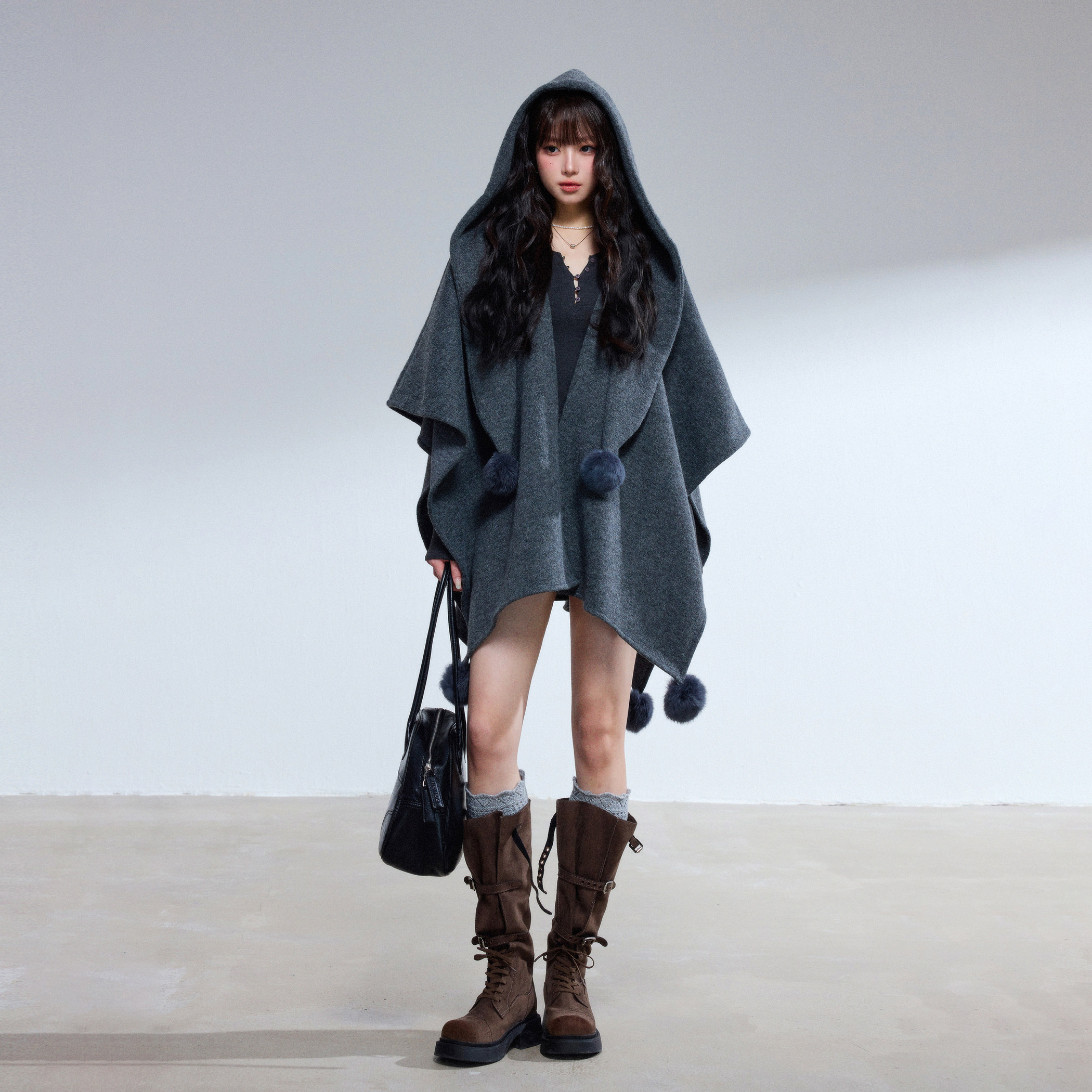 MuuRos グレー フード付きケープショール ショートウィンターコート/ケープセーター ウールニットカーディガン レディース 秋冬