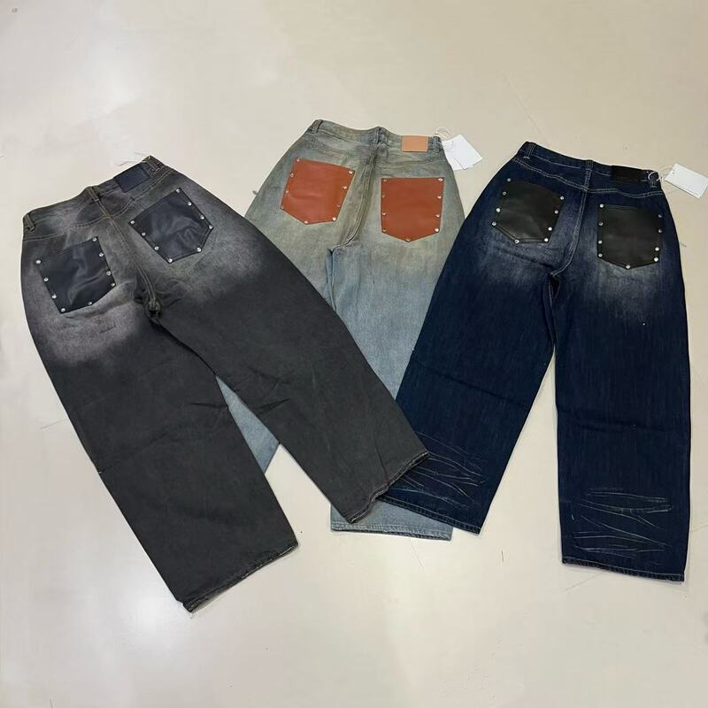 Current/(Correct) Ac Baggy Style Rivet Patchwork Leather Bag Design Distressed Mud-Dyed Whiskered Straight-Leg Jeans Current/(Correct) Ac Baggy Style Rivet Patchwork Leather Bag Design Distressed Mud-Dyed Whiskered Straight-Leg Jeans