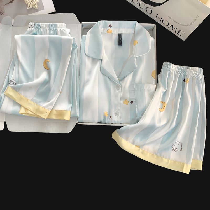 Striped Pajamas for Women, Summer Ice Silk Short-Sleeved Three-Piece Set, Cute Moon Kt Cat with Chest Pad, All-In-One Home Wear Set