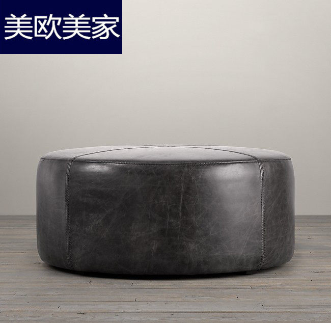 Retro leather shoe changing stool living room round coffee table stool cloakroom stool black gray large round stool foot large round stool