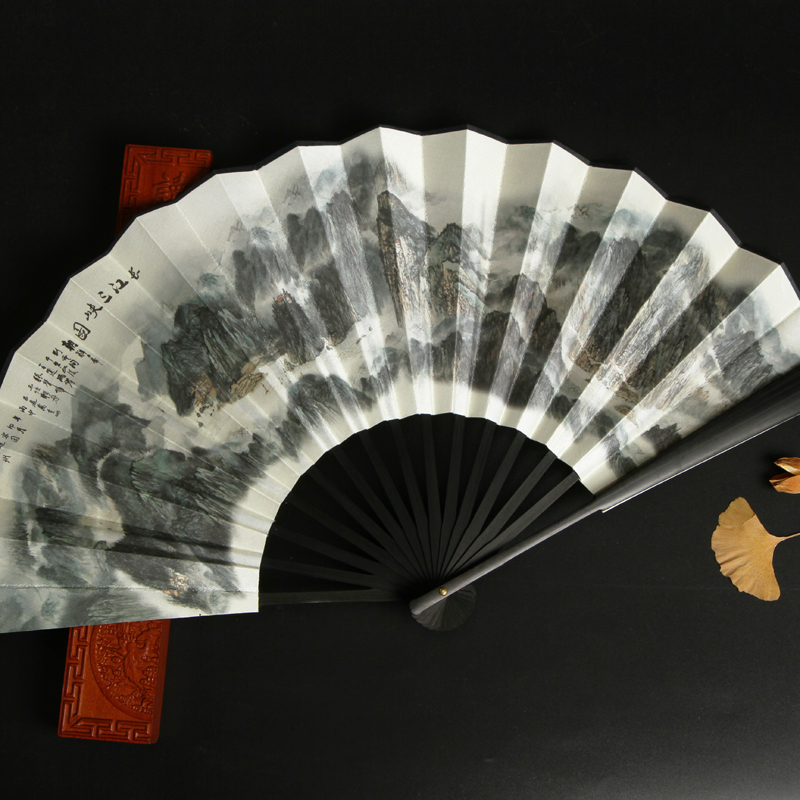 Fan folding fan ancient style Chinese style personality classical decoration men carry retro Qingming river map 10 inches