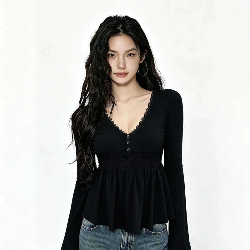 Amyway【Simple and Pure】Vintage Versatile Niche Design Lace Patchwork Long-Sleeve T-Shirt Button-Up Top