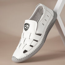 Net Red Dragonfly Card Mens Leather Sandals Summer Hollowed-out Leather Shoes Genuine Leather Business Casual White Soft Base Bean