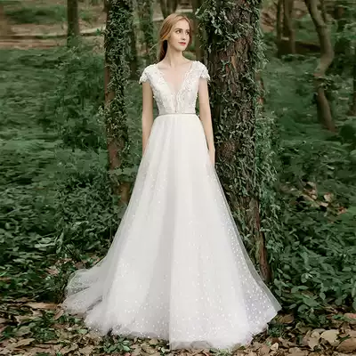 Difanna original one-shoulder deep V lace light wedding dress temperament trailing lawn wedding slim-fit go out light veil woman