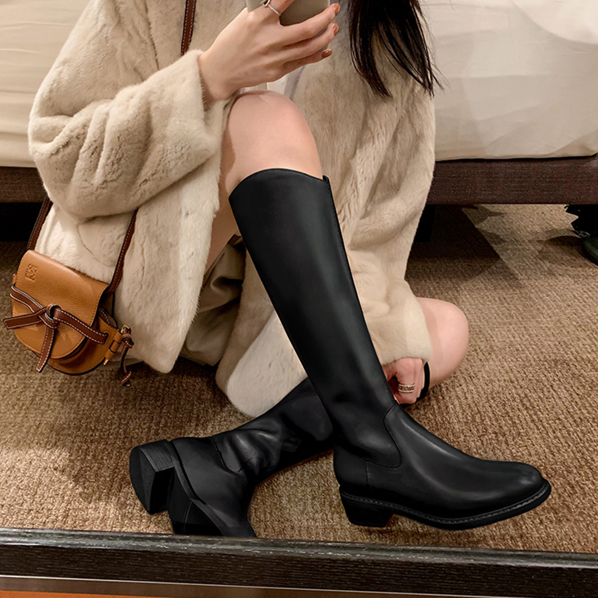 Sheii Suinin long legs warned ~ Leather thick heel boots plus woolen boots winter knight boots