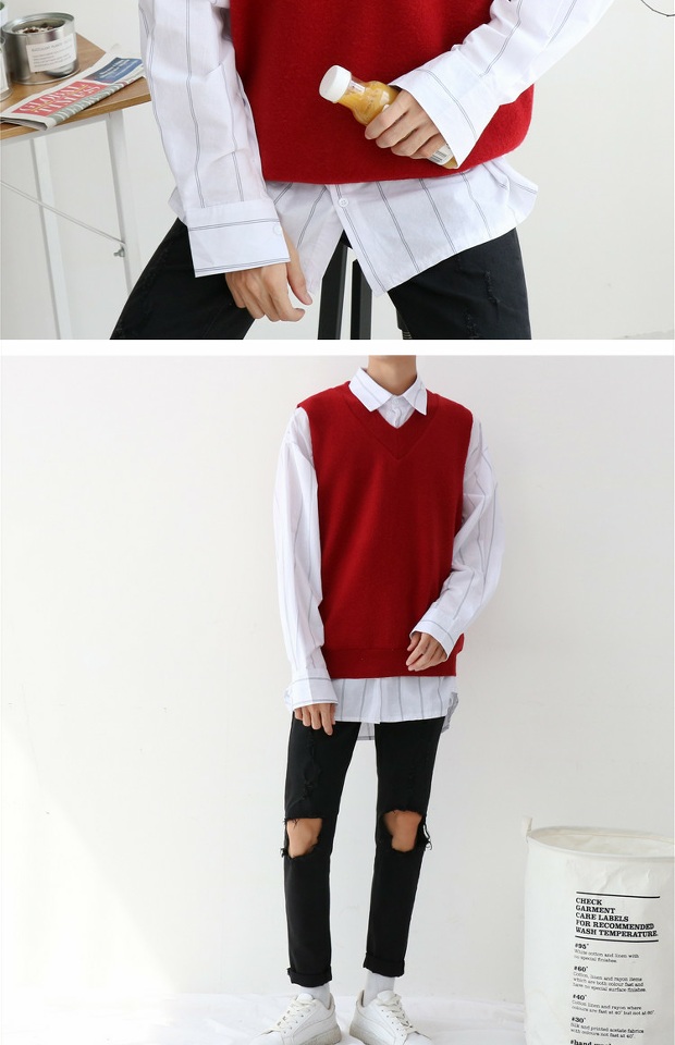 Hàn Quốc Dongdaemun mùa thu mới áo len nam vest vest đan cổ chữ V không tay áo vest màu rắn vest nam đẹp