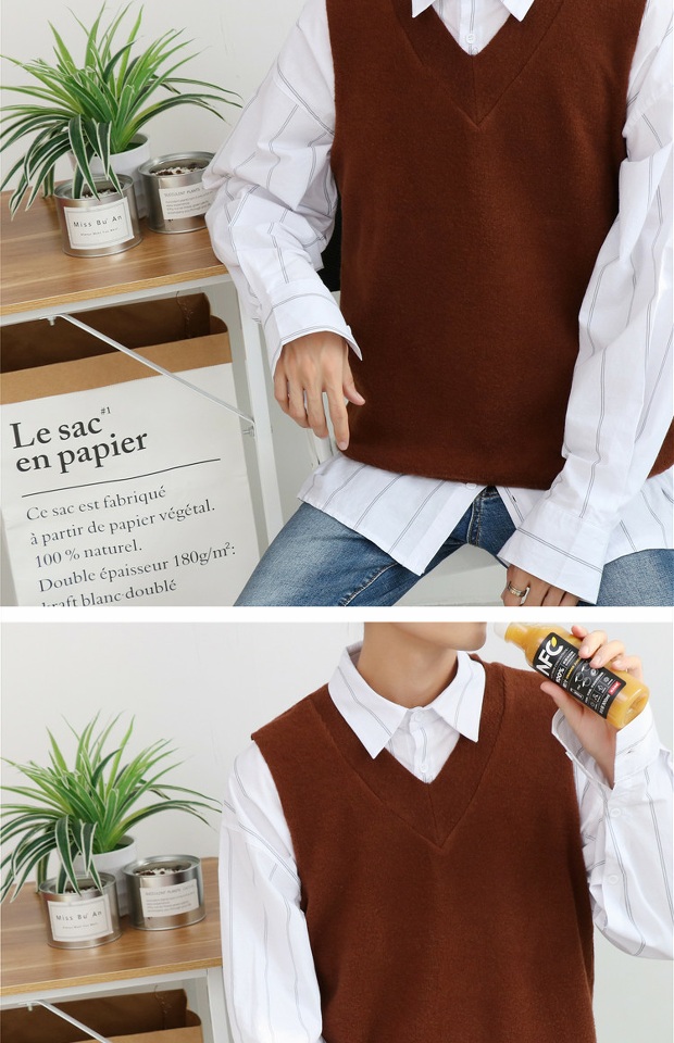 Hàn Quốc Dongdaemun mùa thu mới áo len nam vest vest đan cổ chữ V không tay áo vest màu rắn vest nam đẹp