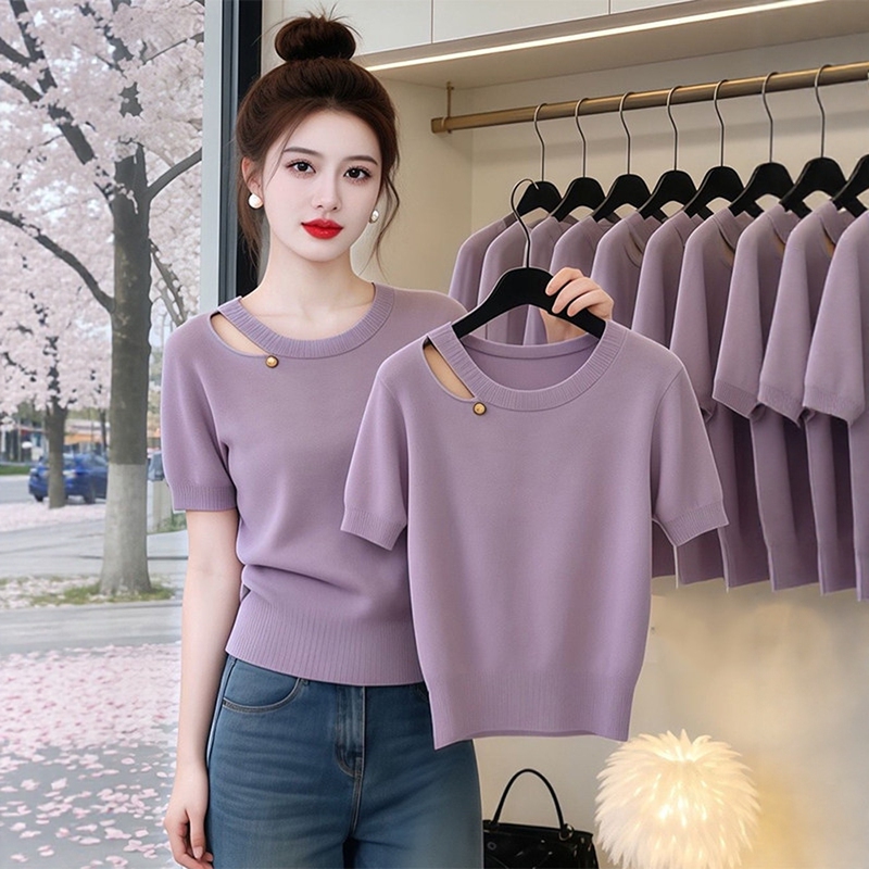 Korean Style Fashion Hollow-Out Round Neck Purple Short-Sleeved Knit Top for Women, Elegant and Slimming, New Spring/Summer Style, Relaxed and Thin Top