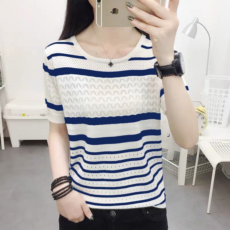 Striped T-Shirt Women's Knitwear Short-Sleeved 2026 Summer New Loose Korean Style Thin Hollow-Out Base Shirt Top Striped T-Shirt Women's Knitwear Short-Sleeved 2026 Summer New Loose Korean Style Thin Hollow-Out Base Shirt Top