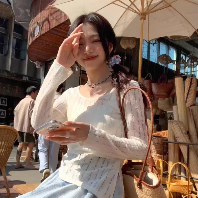 2026 Summer Drawstring Semi-Sheer Hollow Design Long Sleeve T-Shirt Sun Protection Cover-Up for Women Korean Style Casual Versatile Top