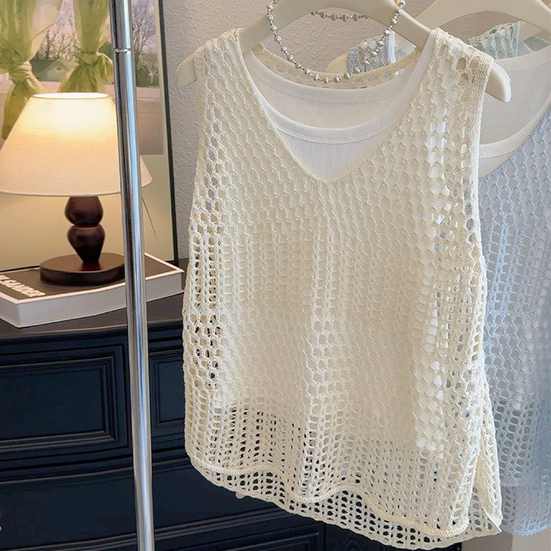 Crochet Hollow-Out Knitted Vest Camisole for Women, New Summer Style, Outerwear Mesh Knit Top, Layered Sleeveless Simple Top