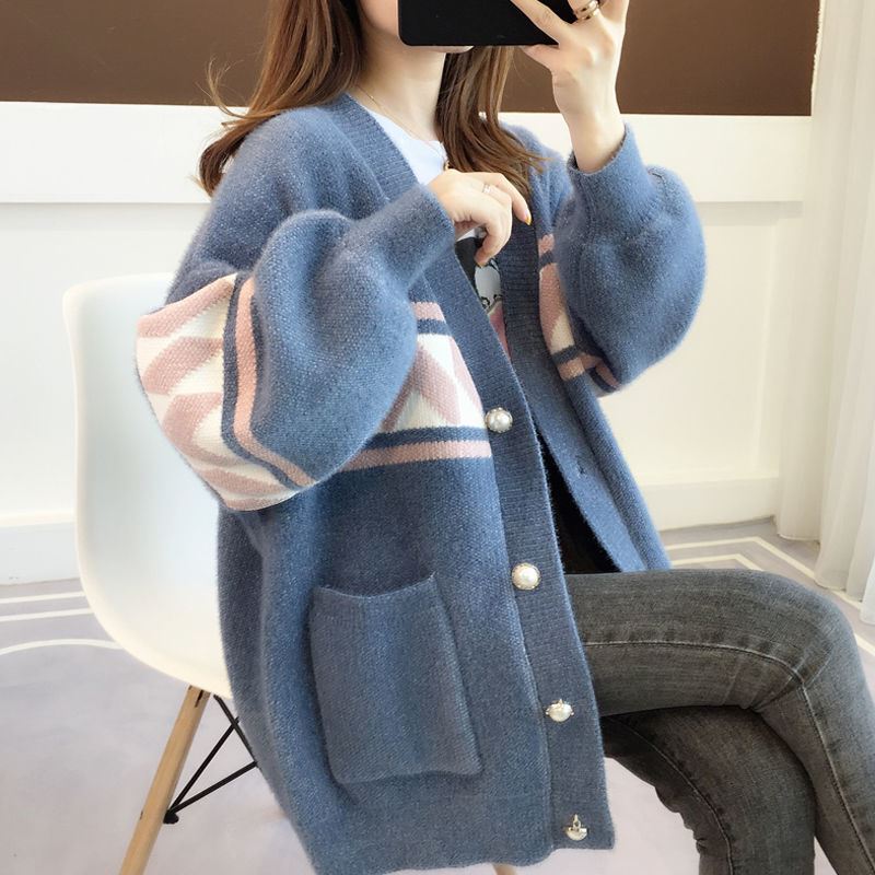 Lazy Style Mid-Length Sweater Jacket for Women 2025 Autumn and Winter New Style Loose Large Size Thickeneded Mink Velvet Knitted Cardigan