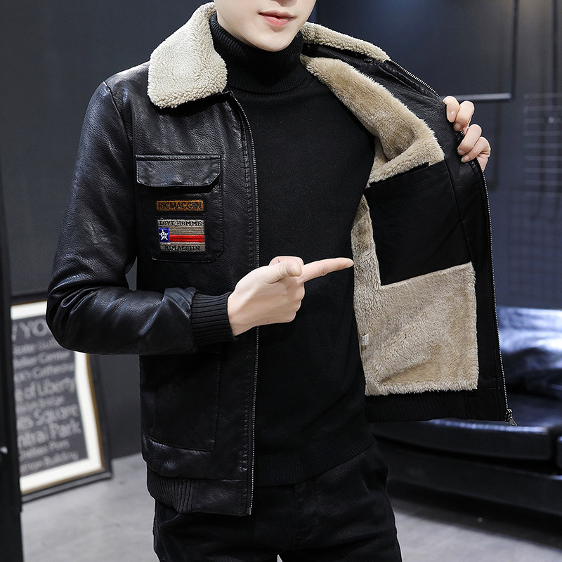 Europe Station 2022 Winter Men Genuine Leather Leather Clothing Plus Suede Thickened Fur Collar Short Leather Jacket Handsome Jacket Handsome 