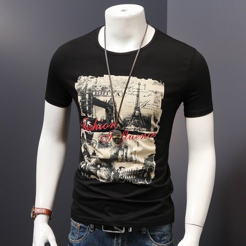 Tide brand summer men's short-sleeved t-shirt round neck slim-fit clothes printed pattern half-sleeved Korean version of pure cotton trend men's clothing