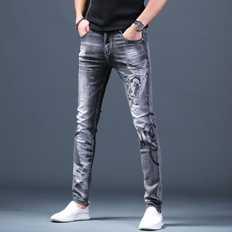 Tide 2022 Spring and summer jeans men printed small foot pants Han edition trend beggar casual trousers