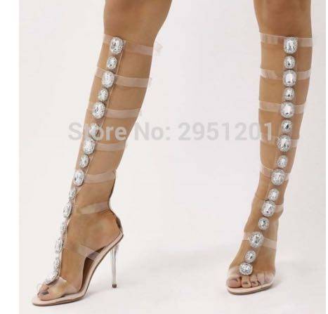 ເກີບເກີບຜູ້ຍິງພາກຮຽນ spring 2018 Rhinestone Transparent Strap Open-toe Stiletto Sandals One-Strap Crystal Heel Roman Sandals