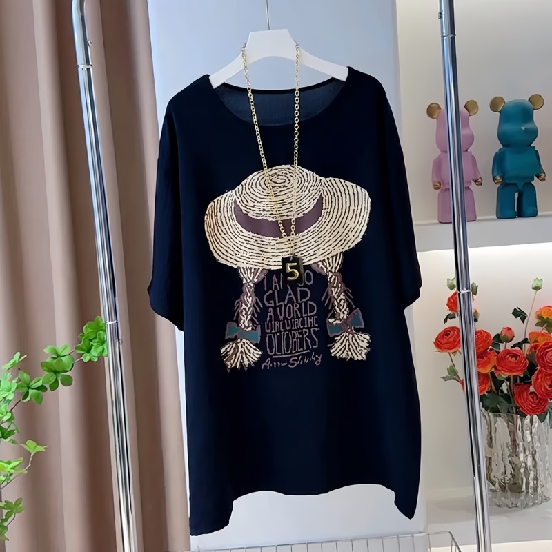 American-Style Plus-Size Round-Neck Straw Hat Print Short-Sleeve T-Shirt for Women, New Summer Loose Fit, Slimming, Fashionable Casual Top ins American-Style Plus-Size Round-Neck Straw Hat Print Short-Sleeve T-Shirt for Women, New Summer Loose Fit, Slimming, Fashionable Casual Top ins