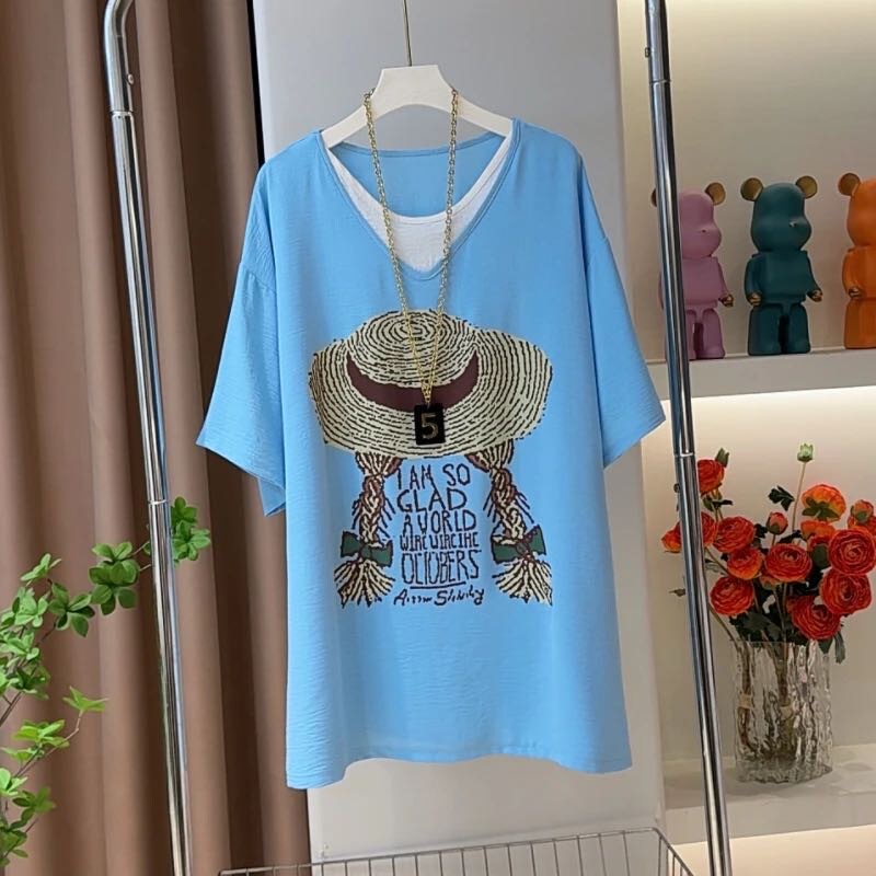 Fake Two-Piece Printed Short-Sleeve T-Shirt for Plus-Size Women, Summer Loose Fit, Large Size, Slimming, Age-Reducing, Mid-Length, Stylish Top for Women