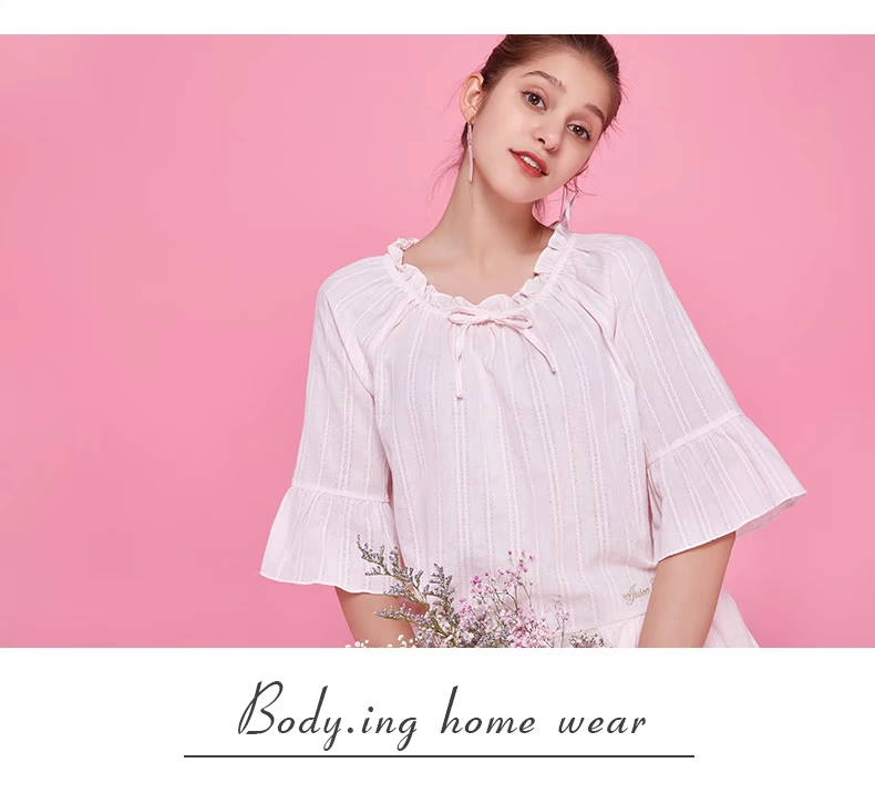 Body.ing mùa xuân và mùa hè bộ đồ ngủ mới của phụ nữ đơn giản tay áo kèn cotton nữ phục vụ nhà hai mảnh phù hợp với 34860 - Bên ngoài ăn mặc