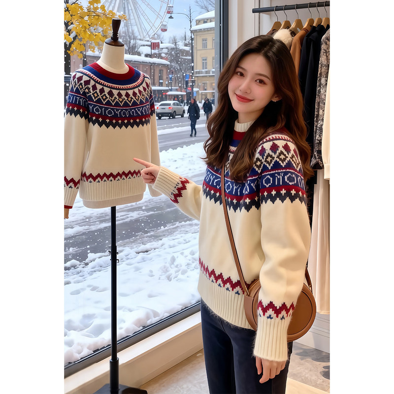 Fair Isle Lazy Style Jacquard Round Neck Sweater for Women, New Autumn and Winter Thick Knitwear, Slimming Outerwear and Inner Layering Top